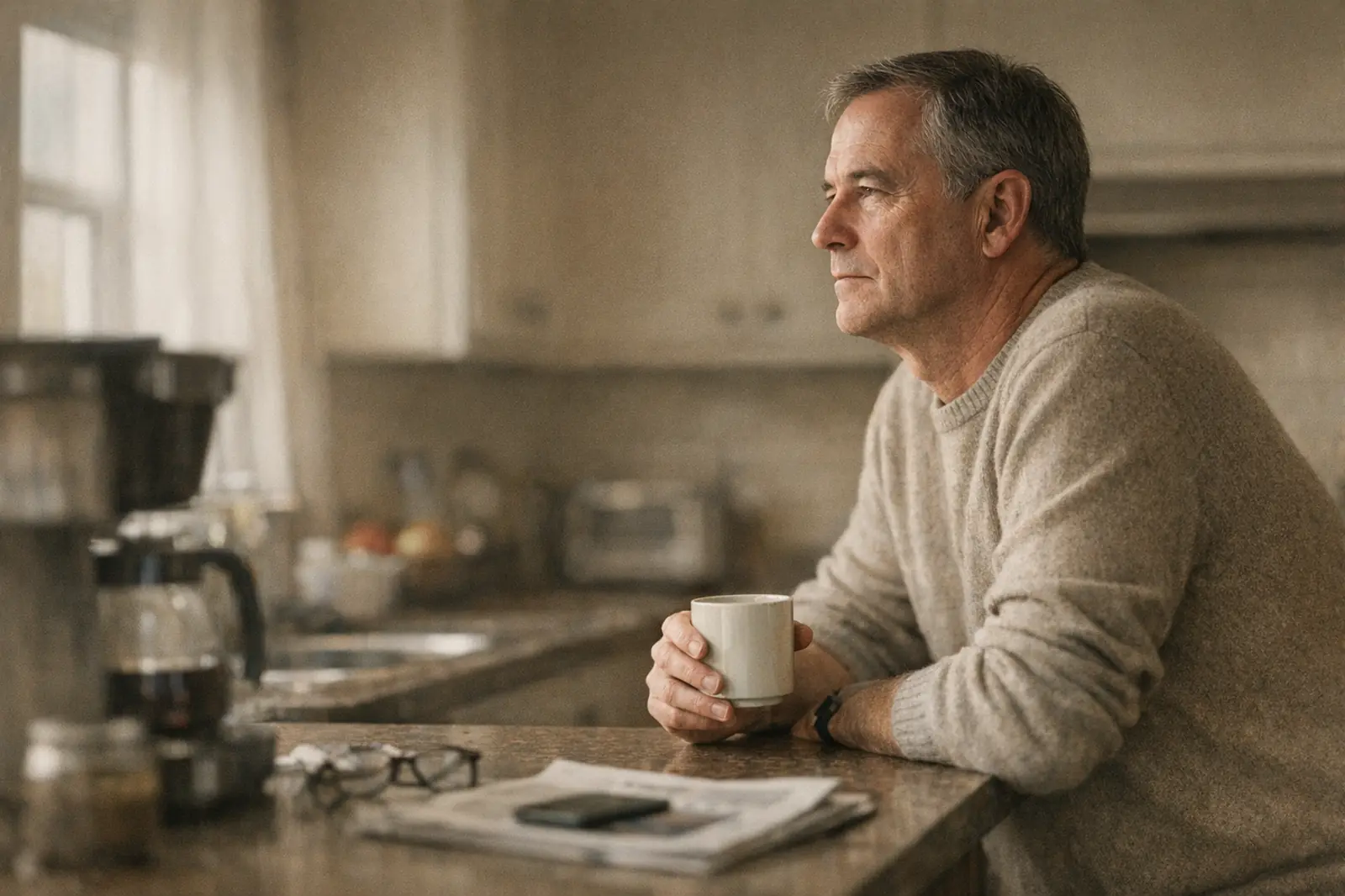 A man at a kitchen counter holding a coffee cup