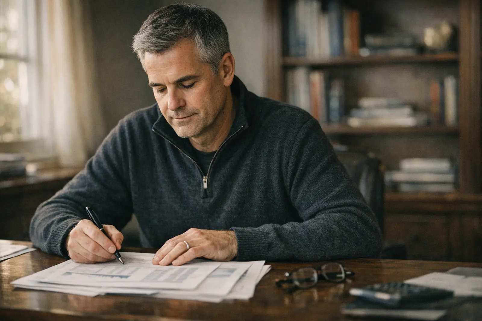 A man reviewing financial documents at a desk