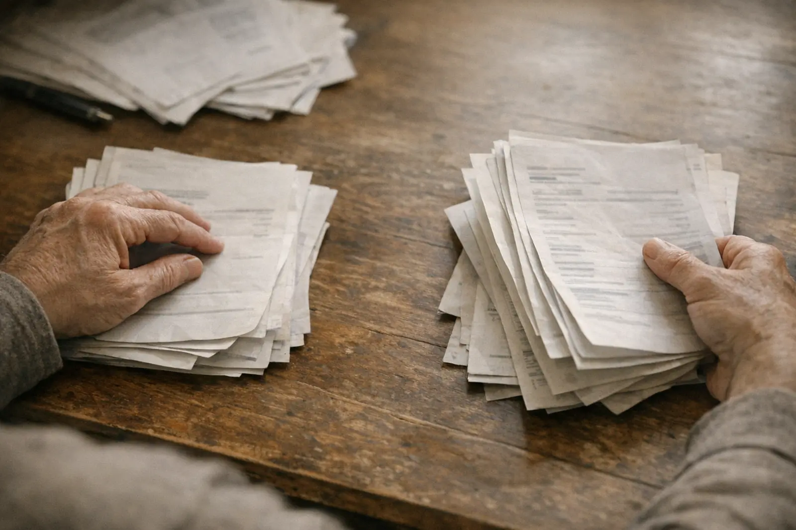 Hands sorting account statements into two piles