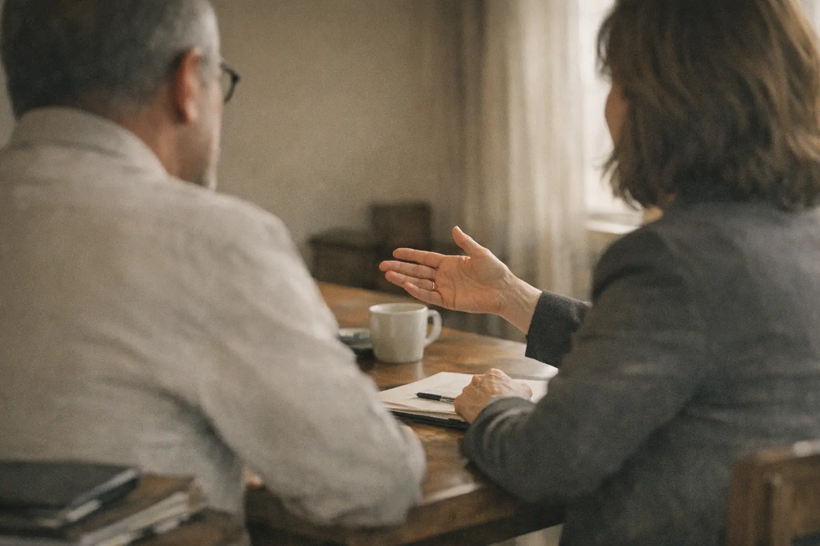 Two people in conversation across a table