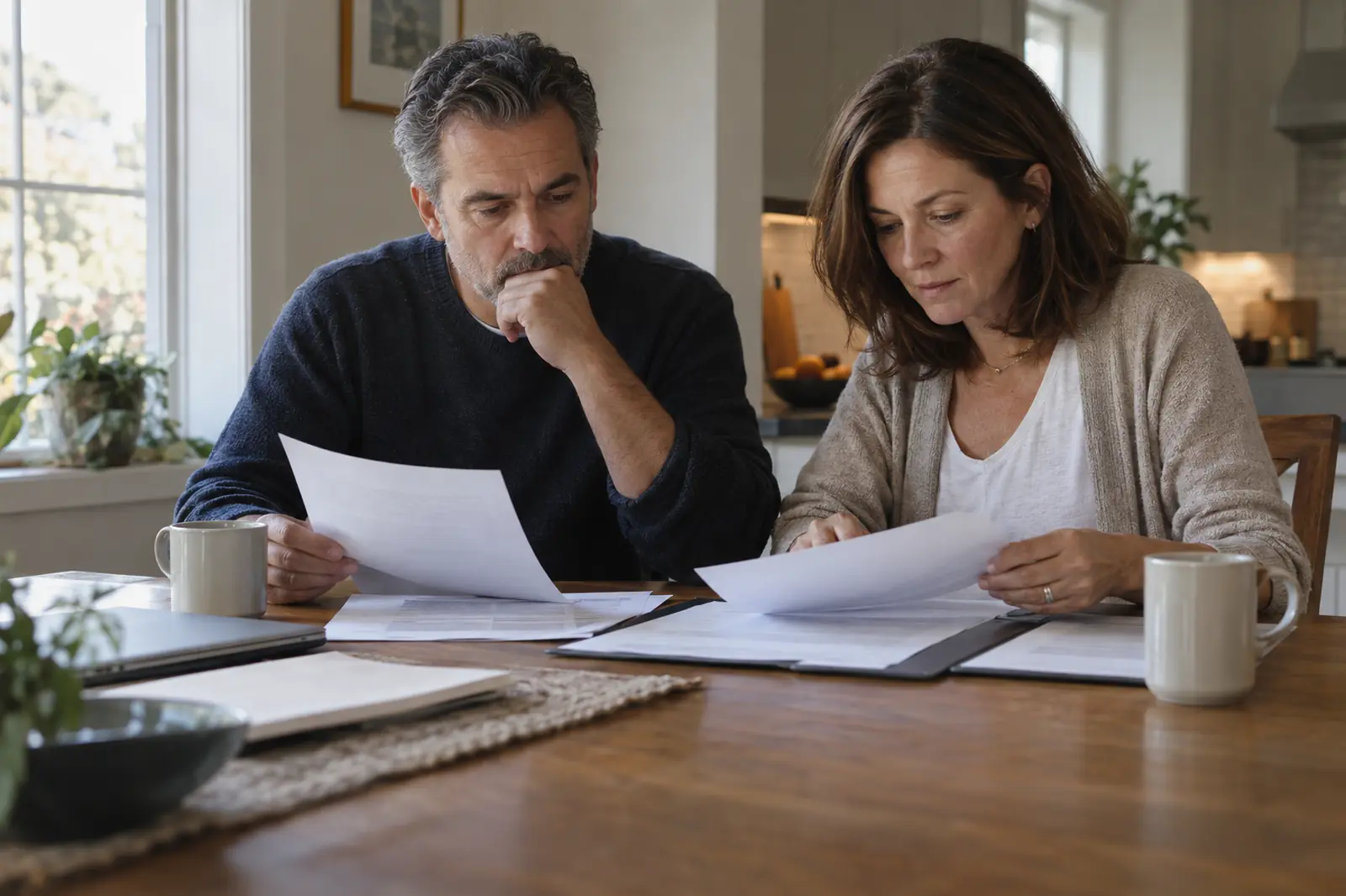 Two adults in their forties reviewing financial statements and a deed at a kitchen table