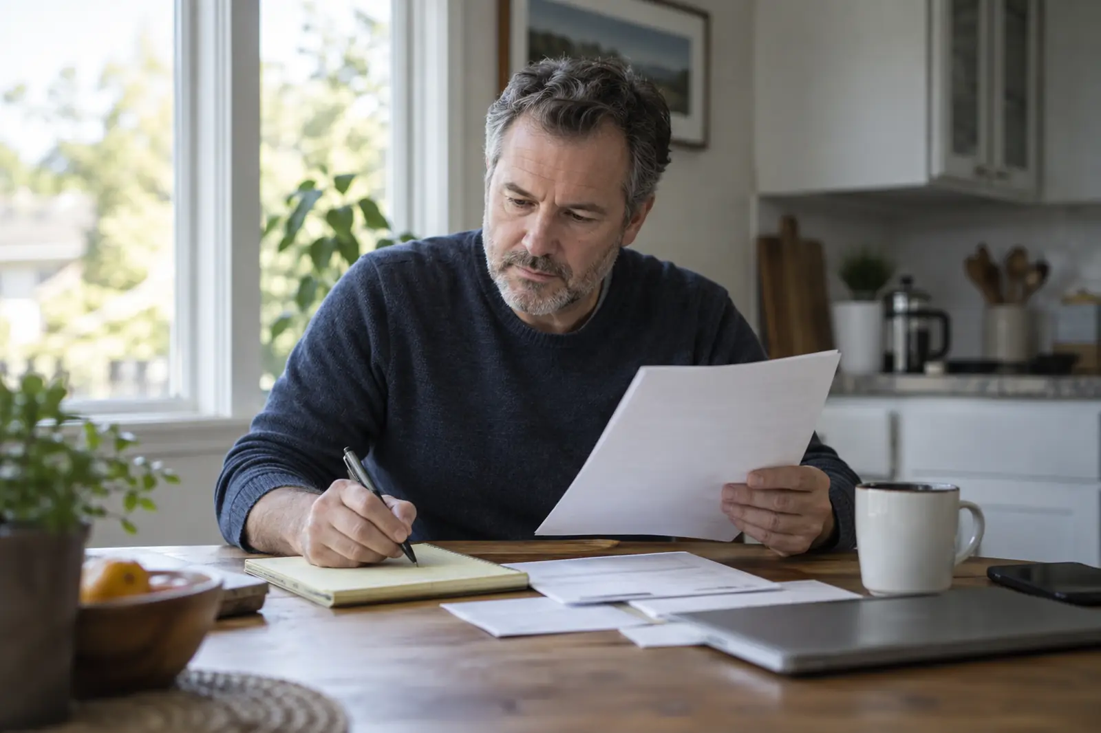 A man reading an account statement and taking notes at a kitchen table