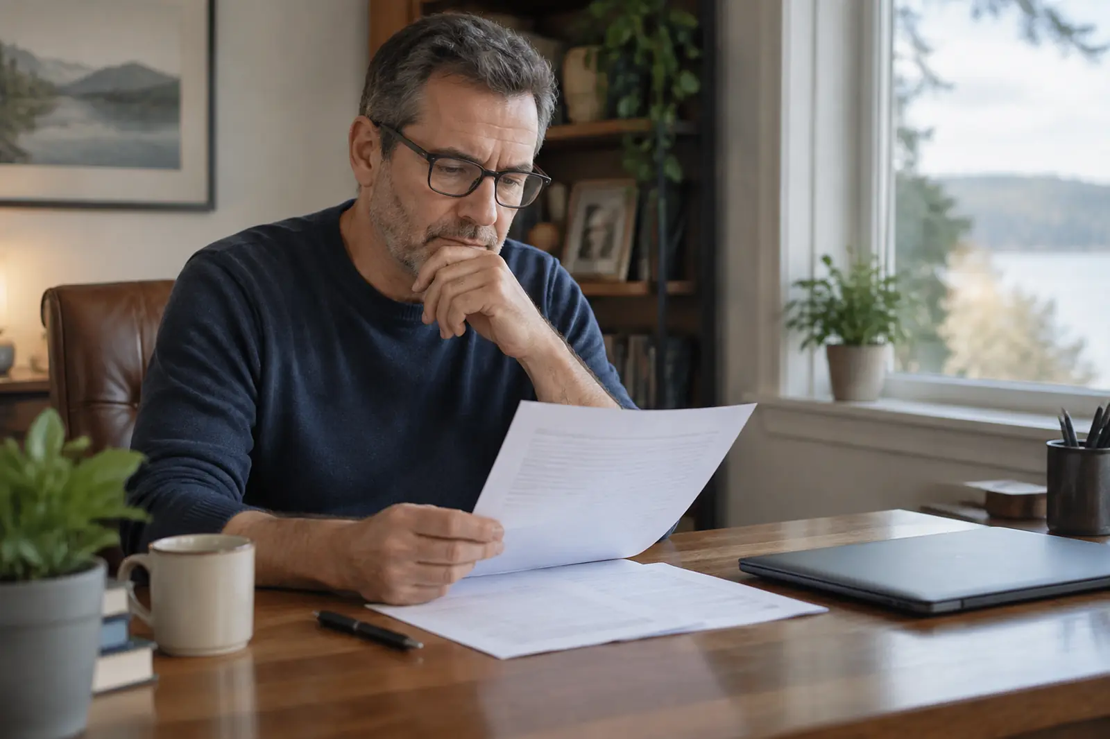 A man reading a printed retirement plan statement at a home office desk