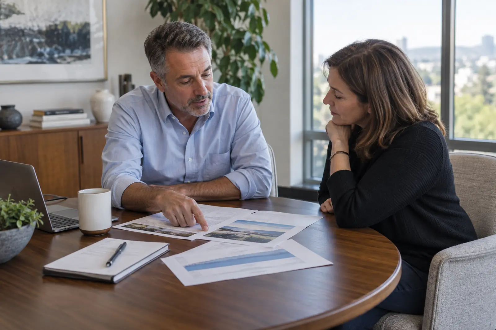 A financial professional walking a client through printed documents at a meeting table