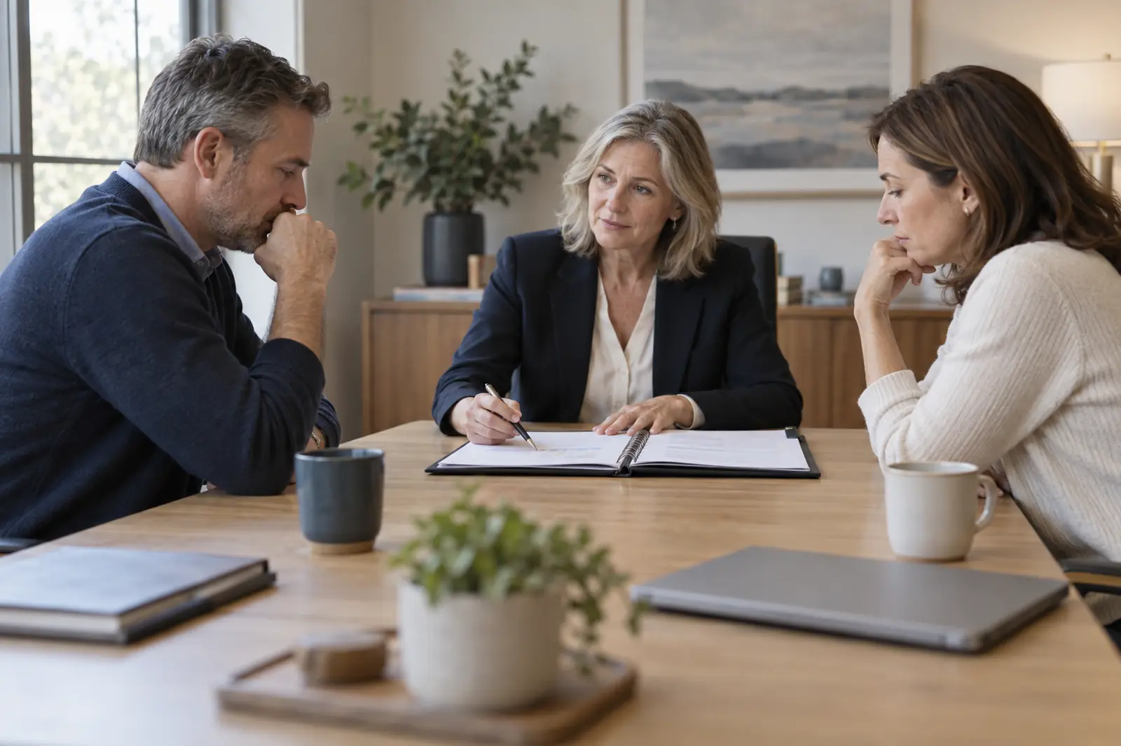 Two spouses and a neutral mediator reviewing financial documents at a conference table