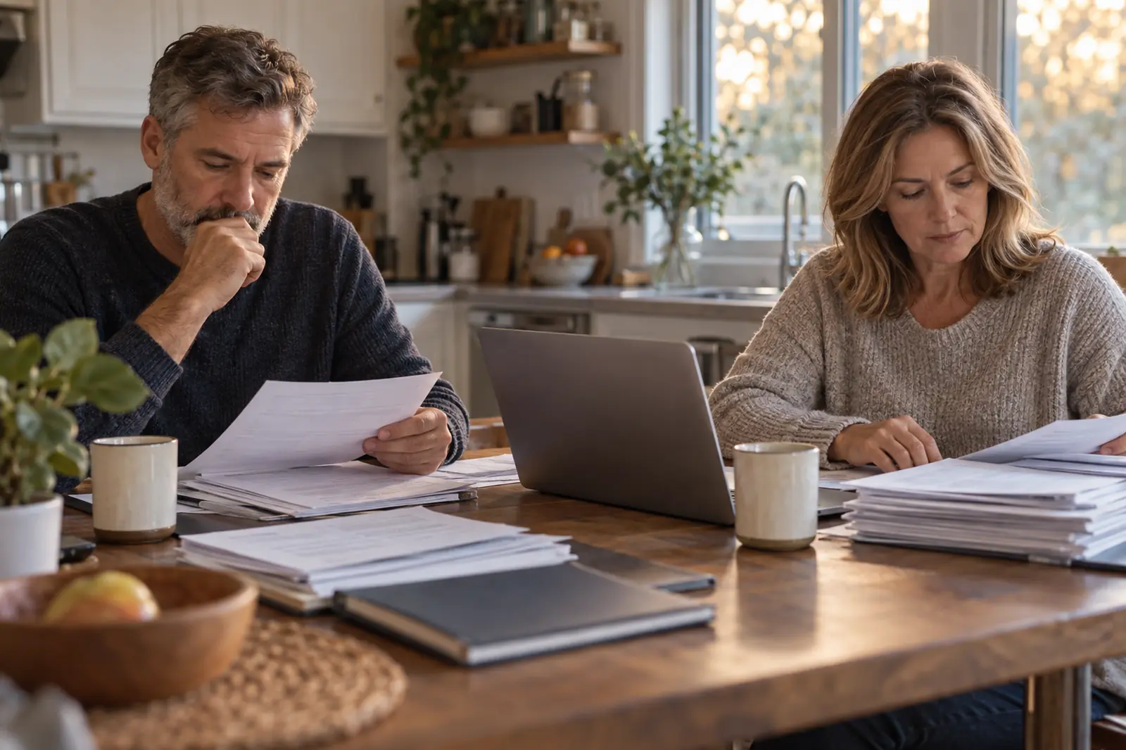 Two adults reviewing financial statements and tax returns at a kitchen table in natural light