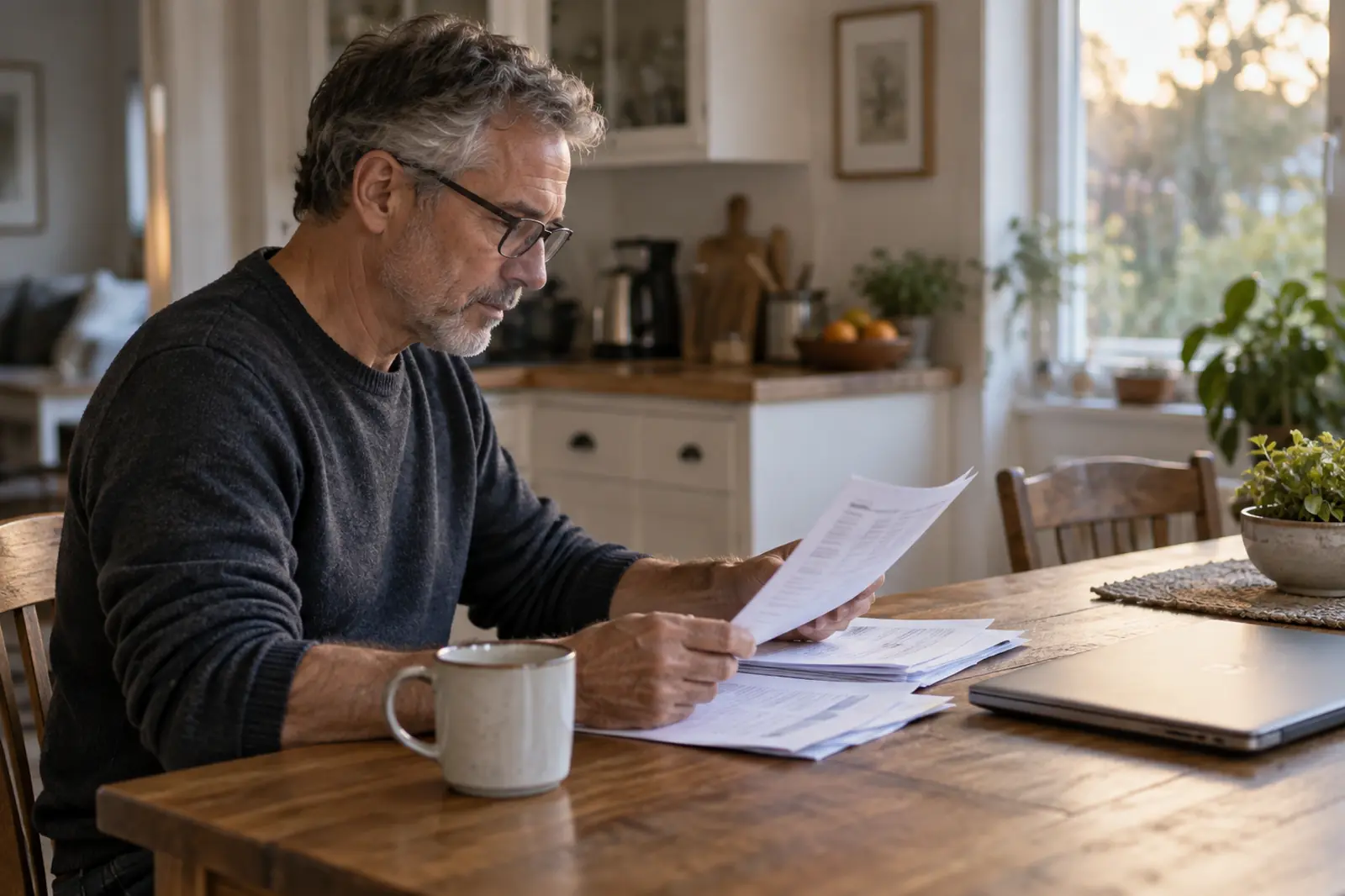 A man in his fifties reviewing printed account statements at a kitchen table
