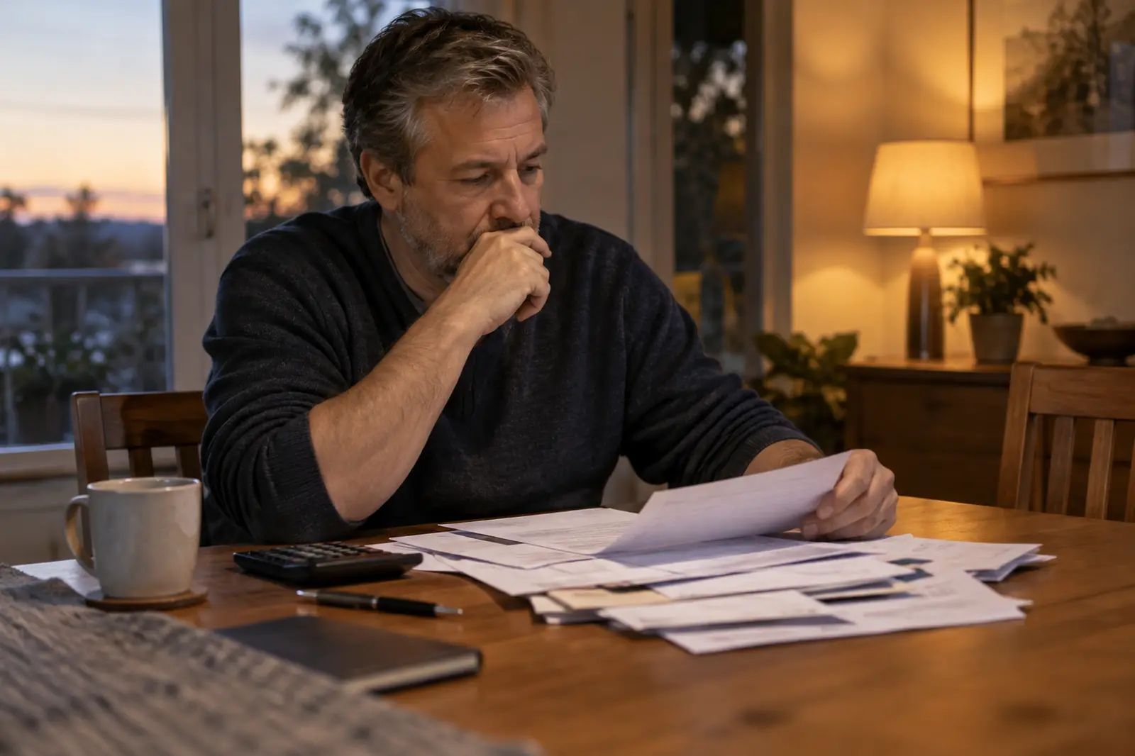 A man in his forties reviewing a stack of statements and invoices at a dining table