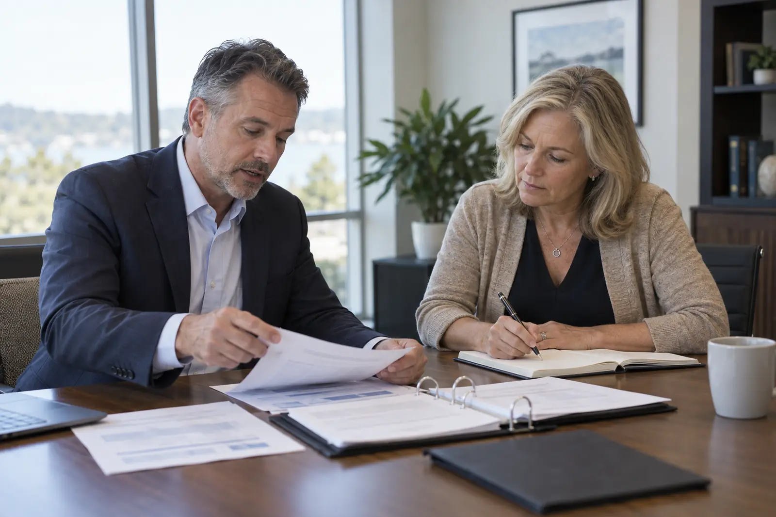 Two adults reviewing printed spreadsheets and account statements at a conference table